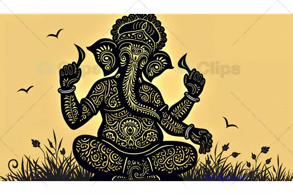 Ornate Lord Ganesha Art – Black Silhouette on Golden Background