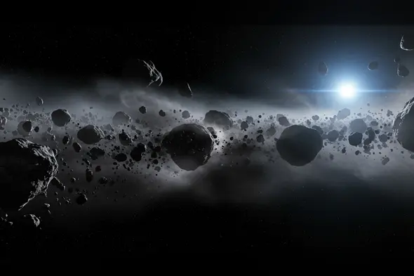 Dark Asteroid Belt with Distant Starburst – Deep Space Sci-Fi Background