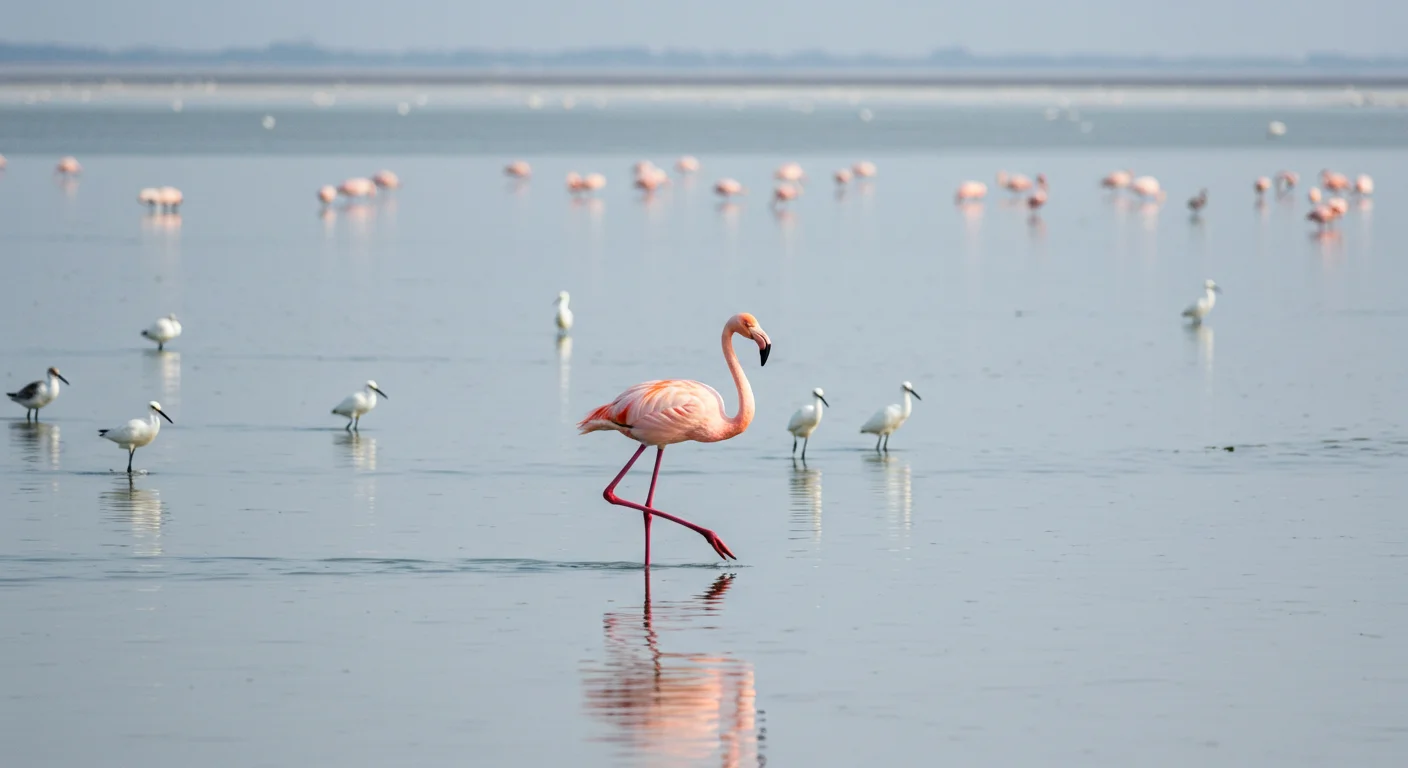 Flamingo in Wetlands with Wading Birds – Peaceful Indian Sanctuary Scene