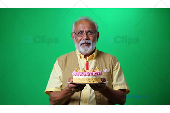 Elderly Man Holding Birthday Cake with Candle