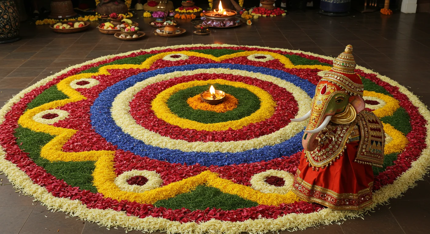 Onam Pookalam with Diya & Decorated Ganpati Idol | AIClips Indian Festival Decoration Photo