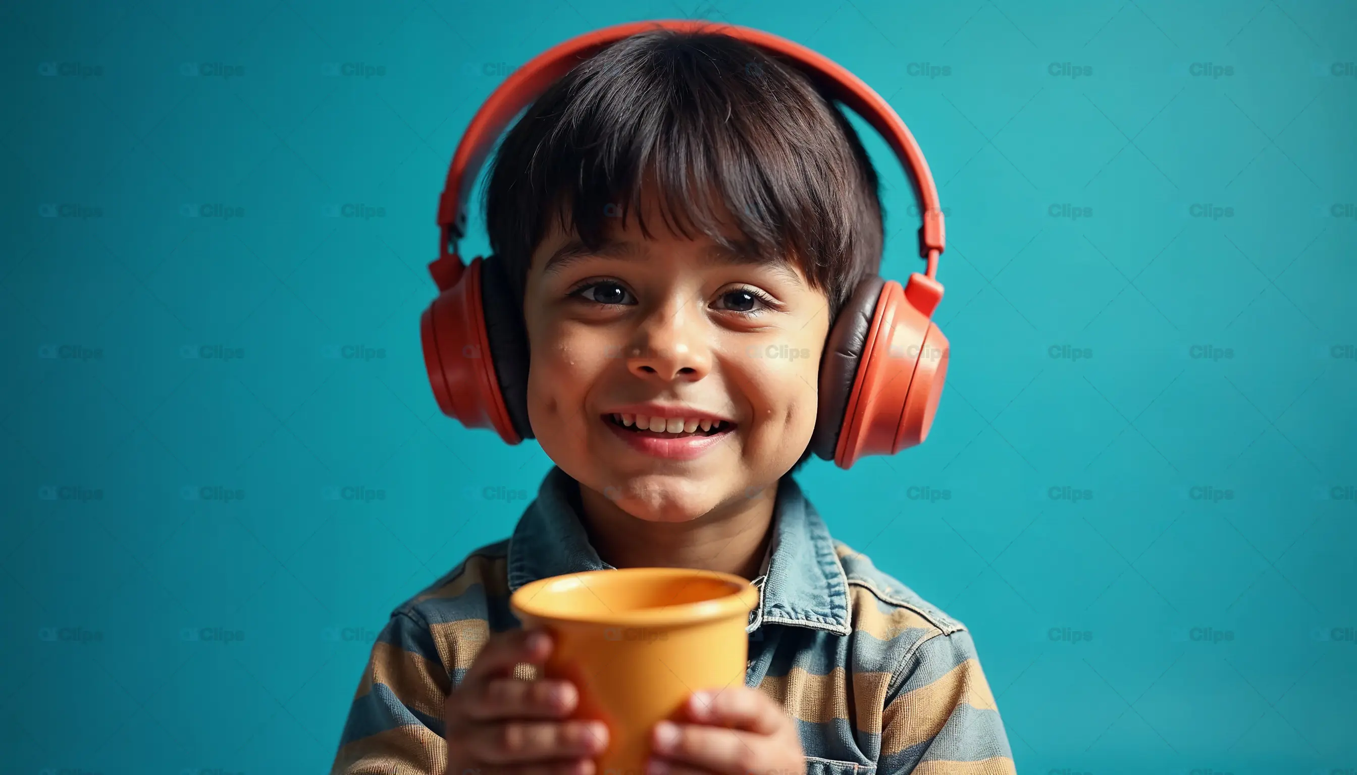 Smiling Child with Headphones and Cup