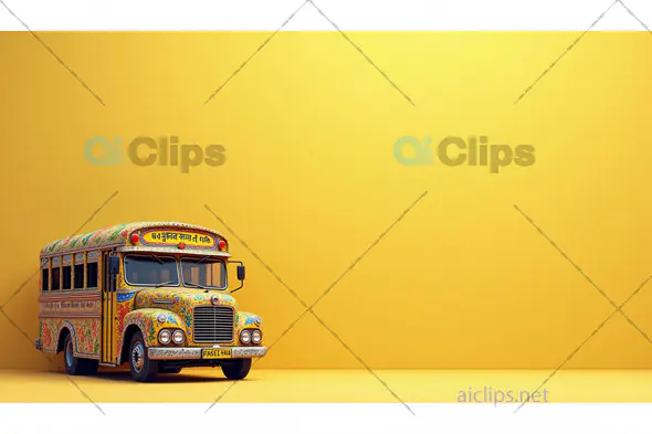 Traditional Indian Bus with Vibrant Artwork on Yellow Background