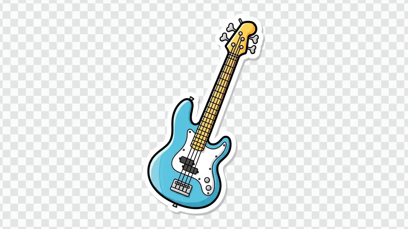 Blue Electric Bass Guitar Cartoon Sticker Style PNG