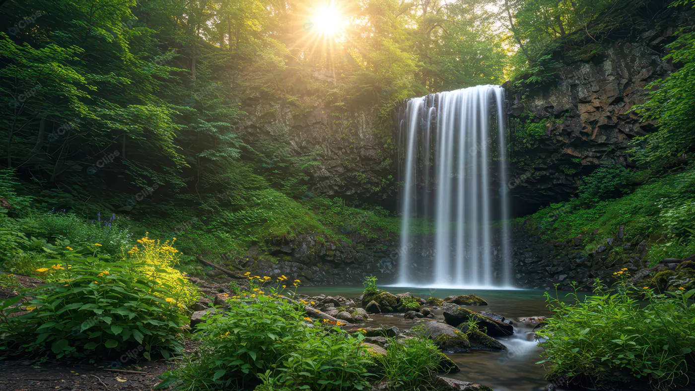 Sunlit Forest Waterfall Serenity