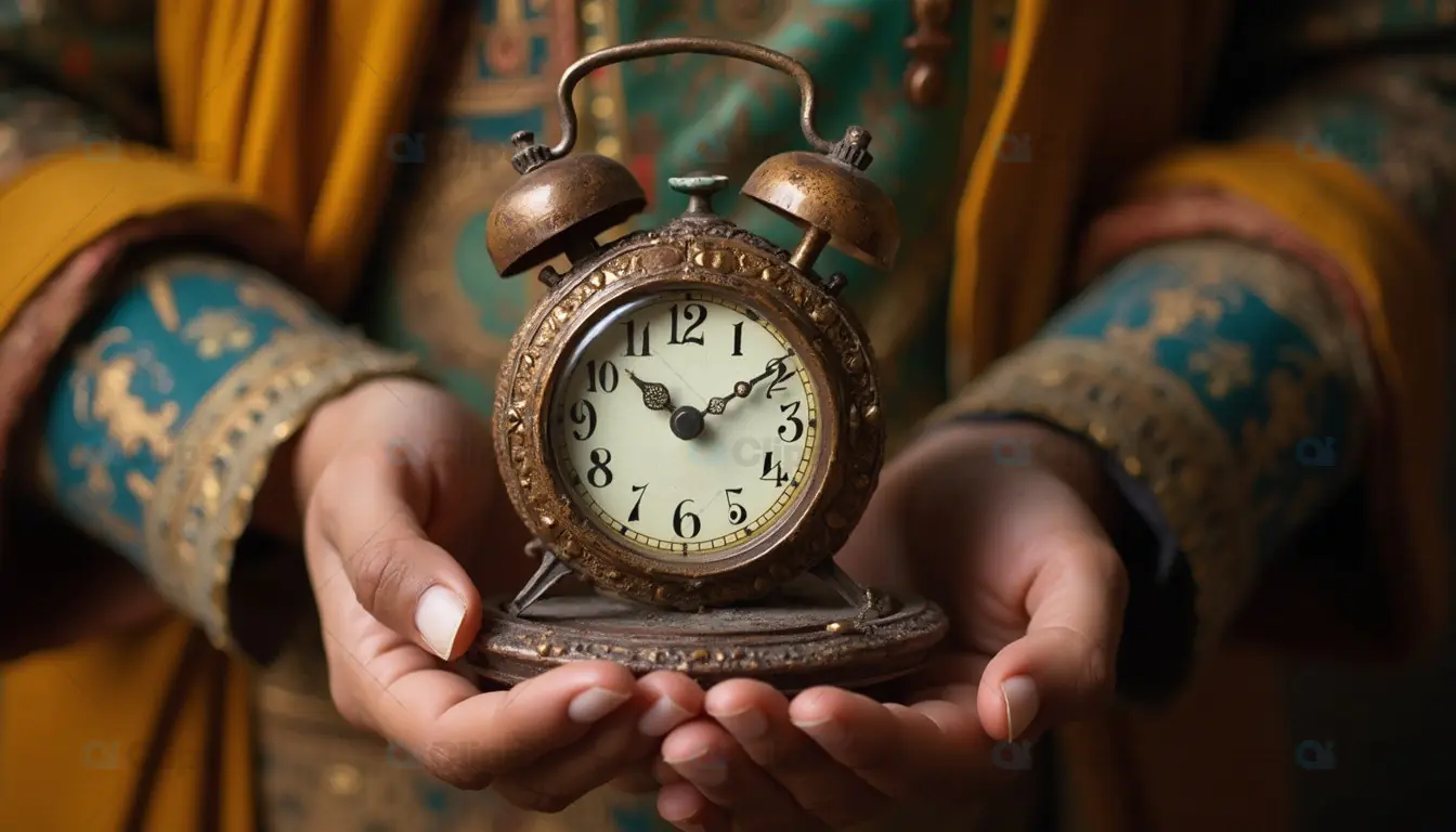 Ornate Vintage Alarm Clock in Hands