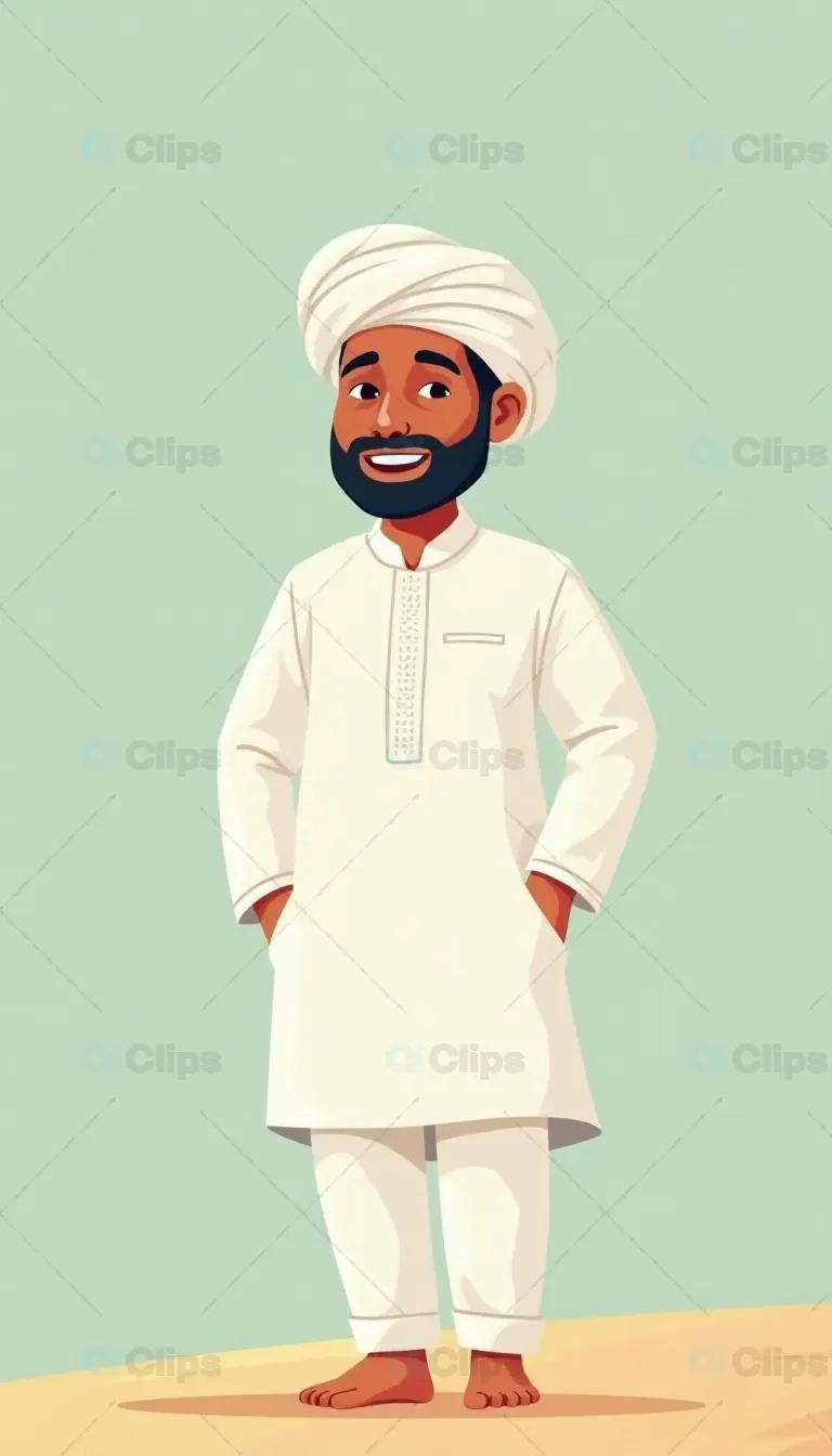 Cartoon Indian Man in Traditional White Kurta and Turban
