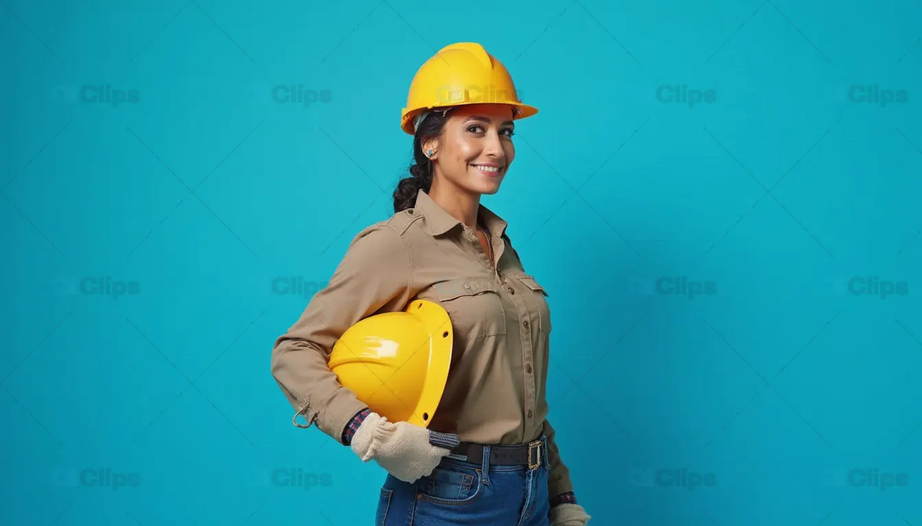 Confident Female Construction Worker in Yellow Hard Hat