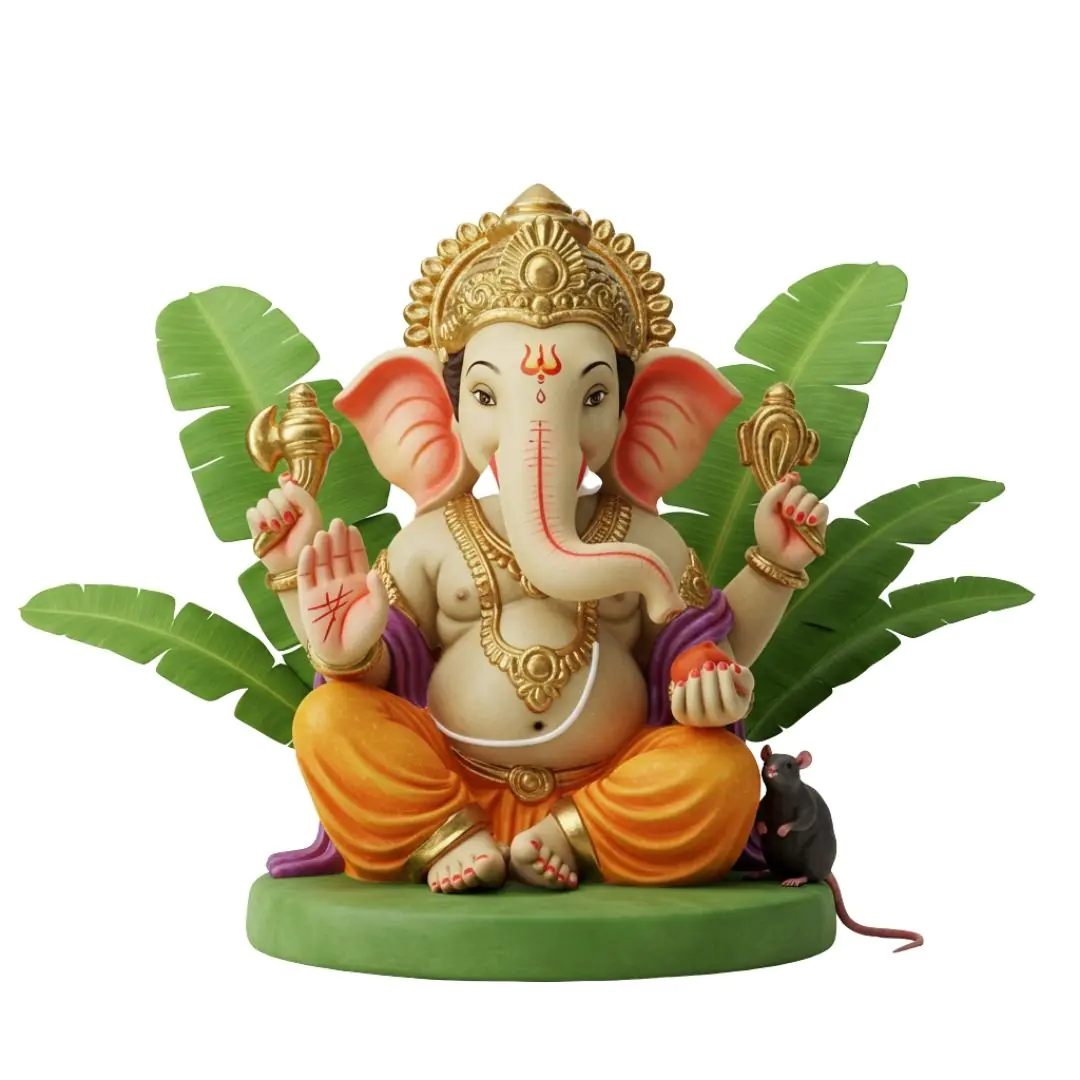 Colorful Lord Ganesha Statue with Banana Leaves PNG