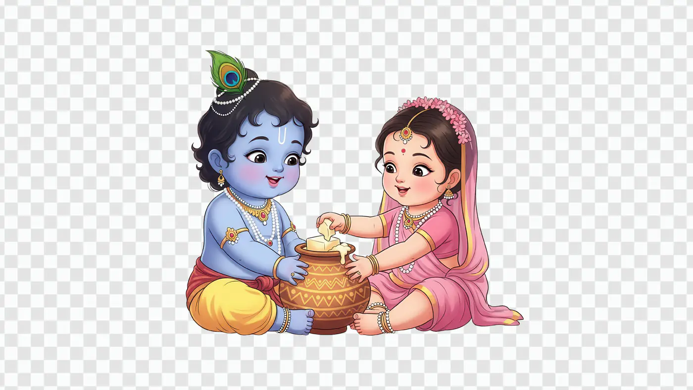 Little Krishna and Radha Sharing Butter Pot PNG