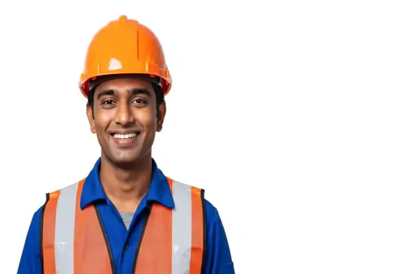 Smiling Indian Construction Worker in Safety Gear