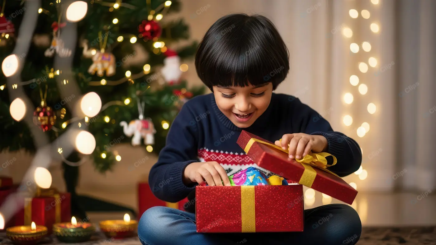 Joyful Indian Boy Unwrapping a Christmas Surprise