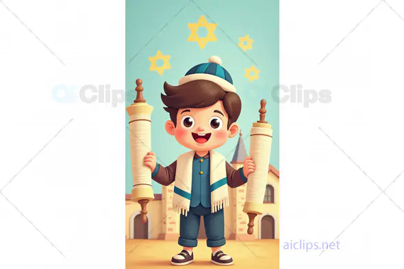 Cartoon Boy with Torah Scrolls and Star of David