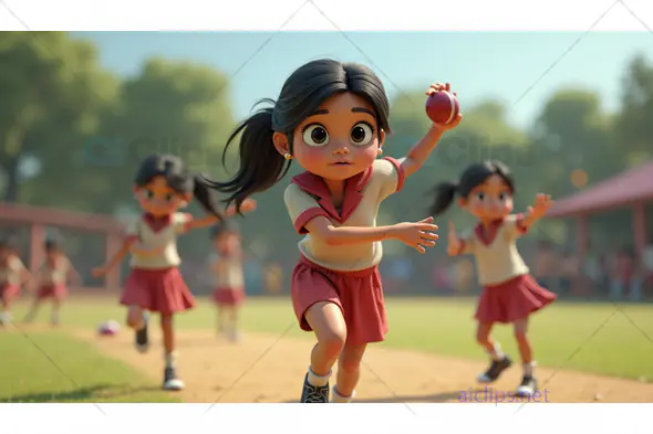 3D Cartoon Girls Playing Cricket on School Playground