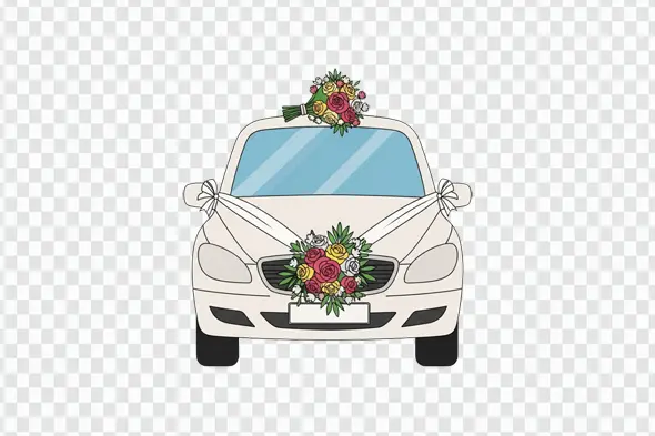 Illustrated Wedding Car with Floral Decoration Clipart PNG