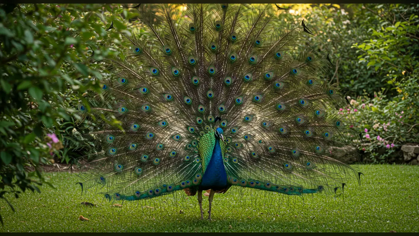 Peacock Displaying Vibrant Feathers in a Lush Garden Setting