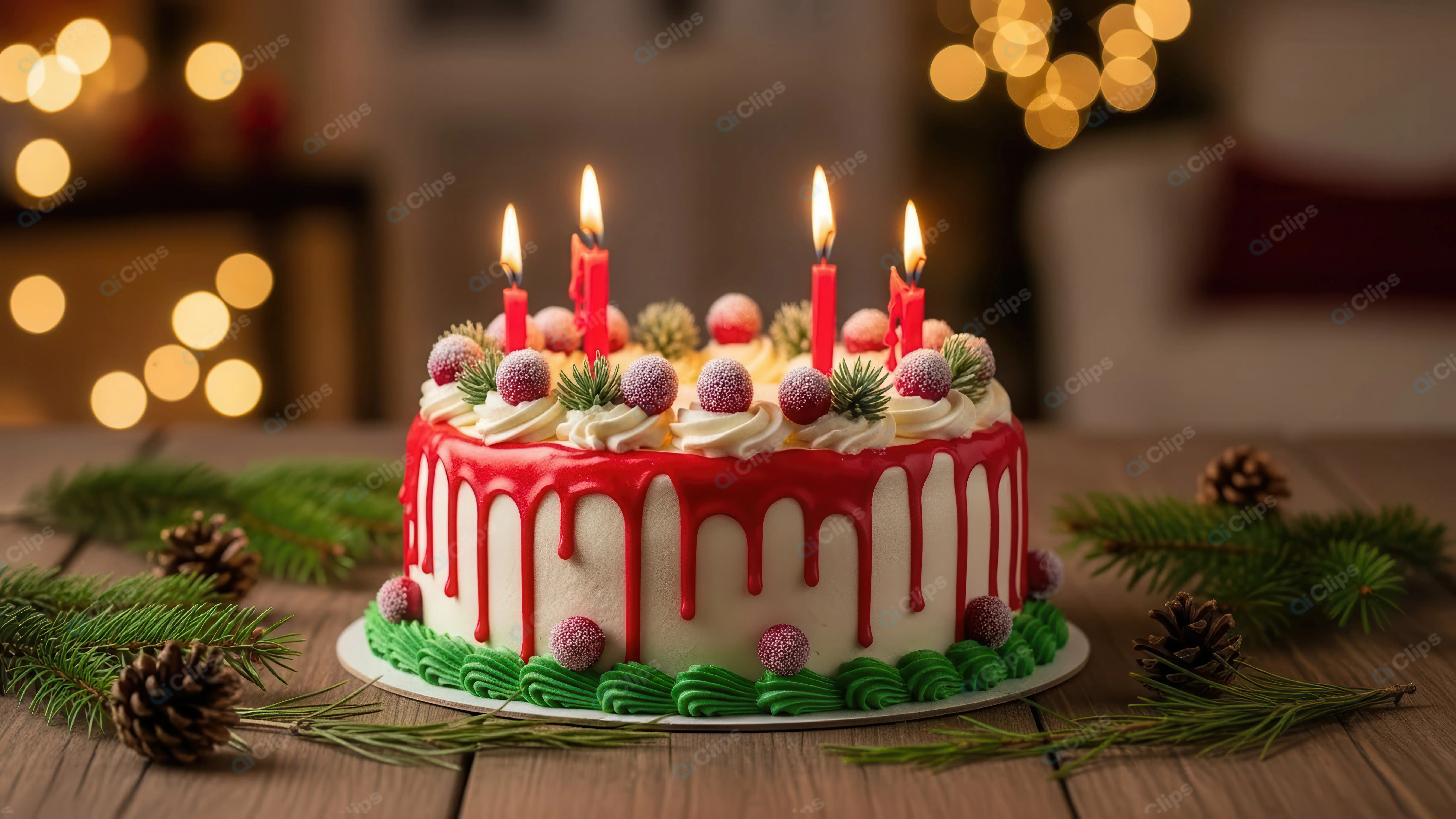 Festive Holiday Cake with Lit Candles