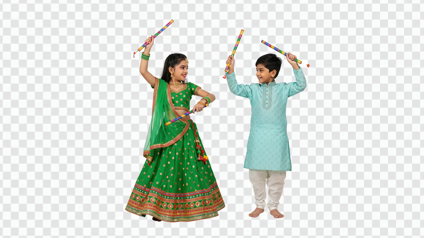 Cheerful Children Dancing with Colorful Dandiya Sticks PNG