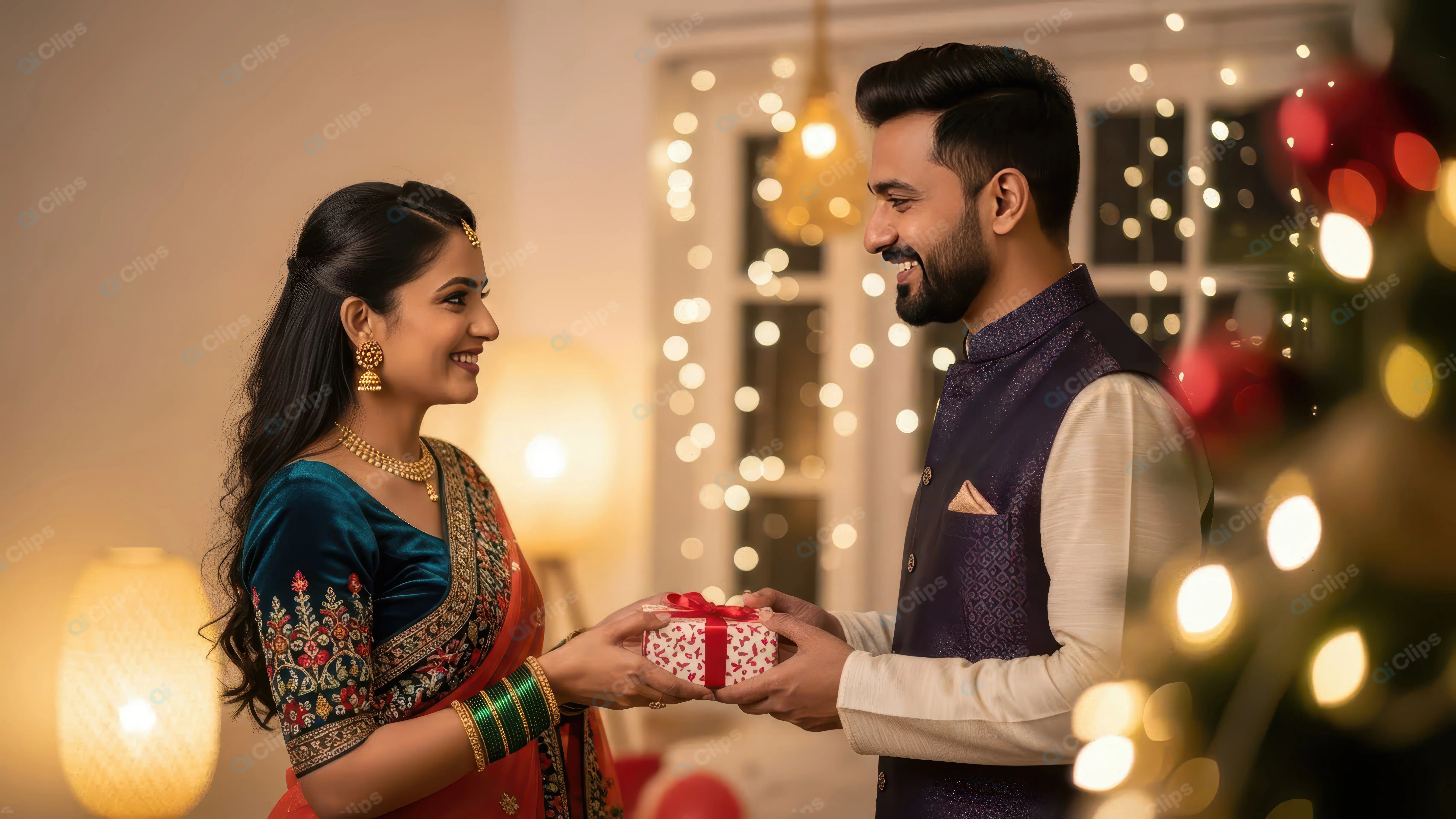 Joyful Gift Exchange in Traditional Attire