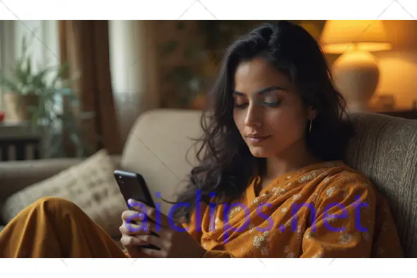 Woman Relaxing at Home Using Phone