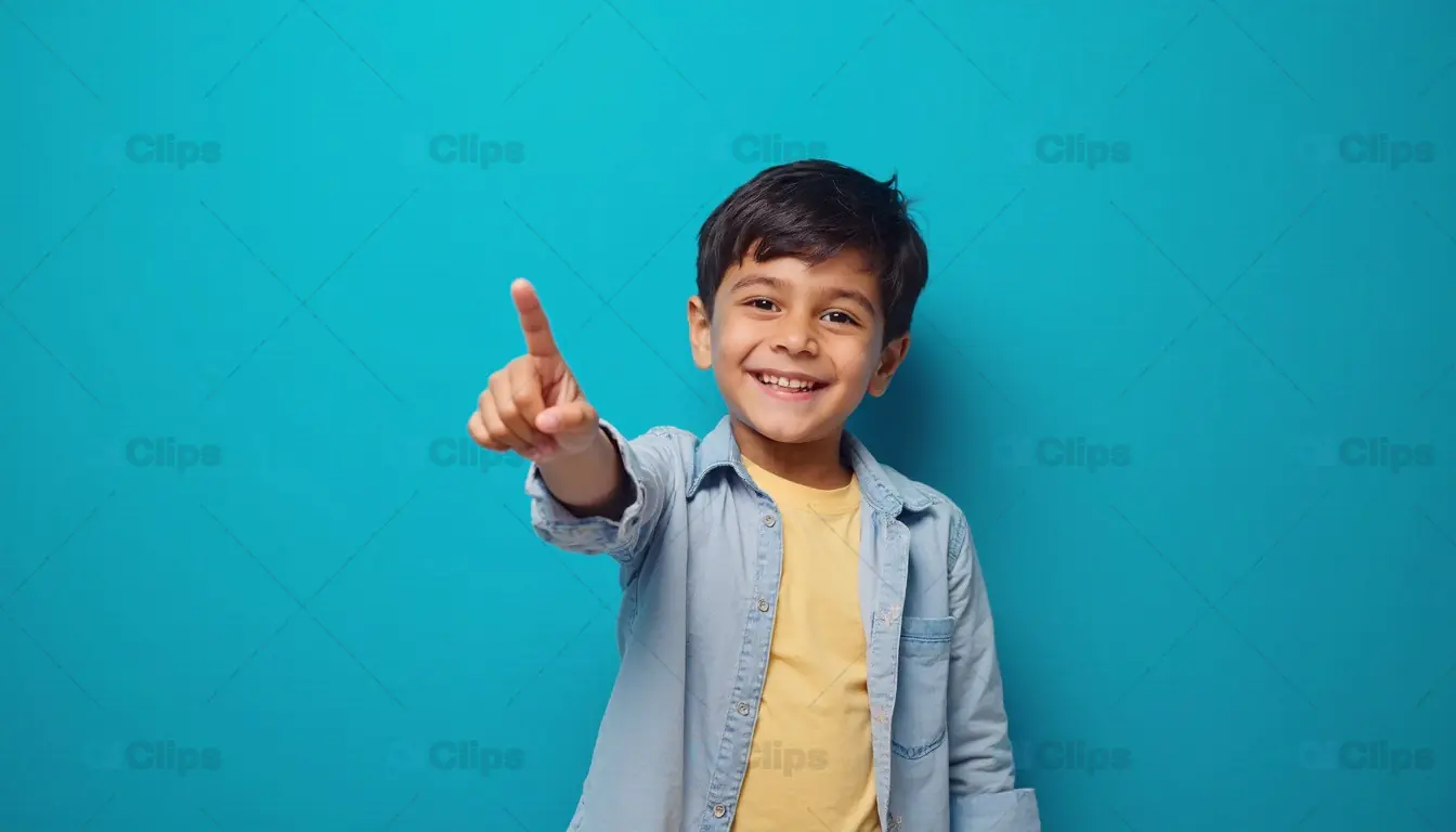 Happy Boy Pointing Upward on Blue Background