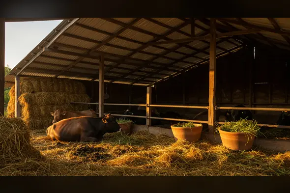 Indian Cattle Shed at Sunset | Rural Cow Farming Scene by AIClips