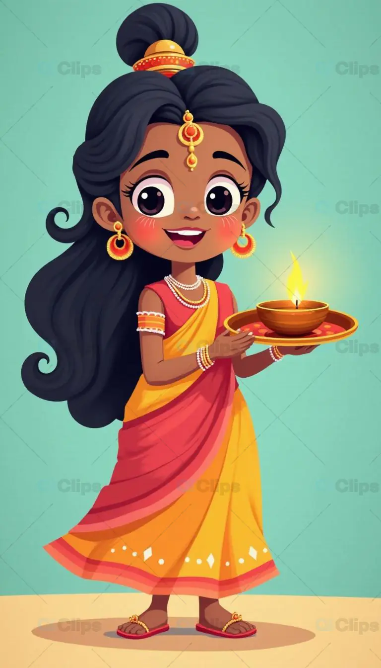Cartoon Indian Girl in Traditional Dress Holding a Diya