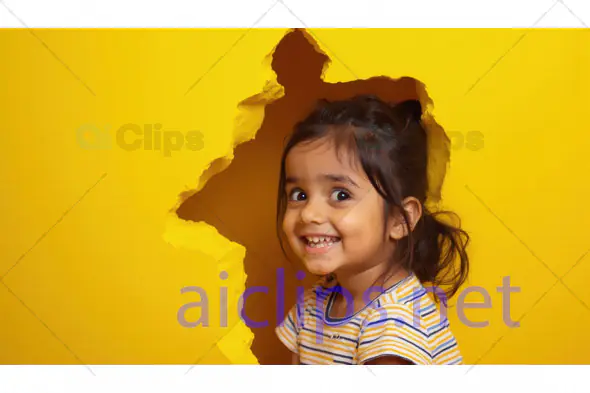 Cheerful Girl Peeking Through Yellow Wall