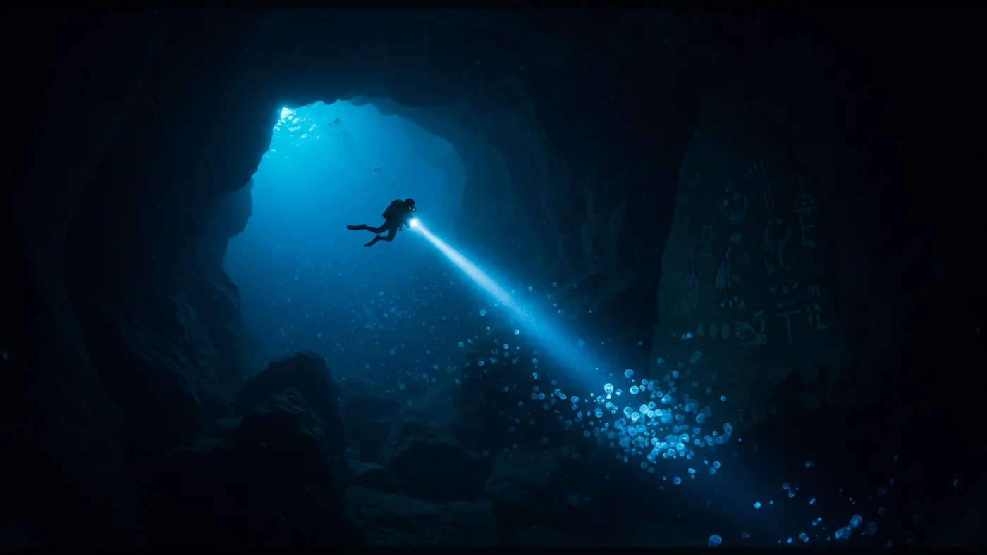 Mysterious Diver Exploring Ancient Symbols in Submerged Cave