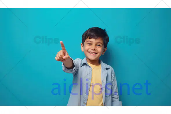 Happy Boy Pointing Upward on Blue Background