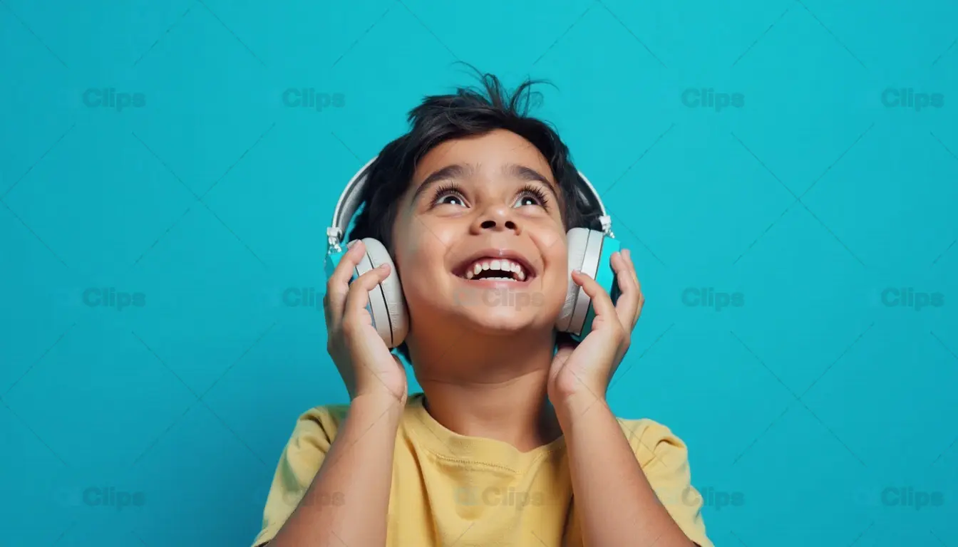 Smiling Boy Listening to Music with Headphones