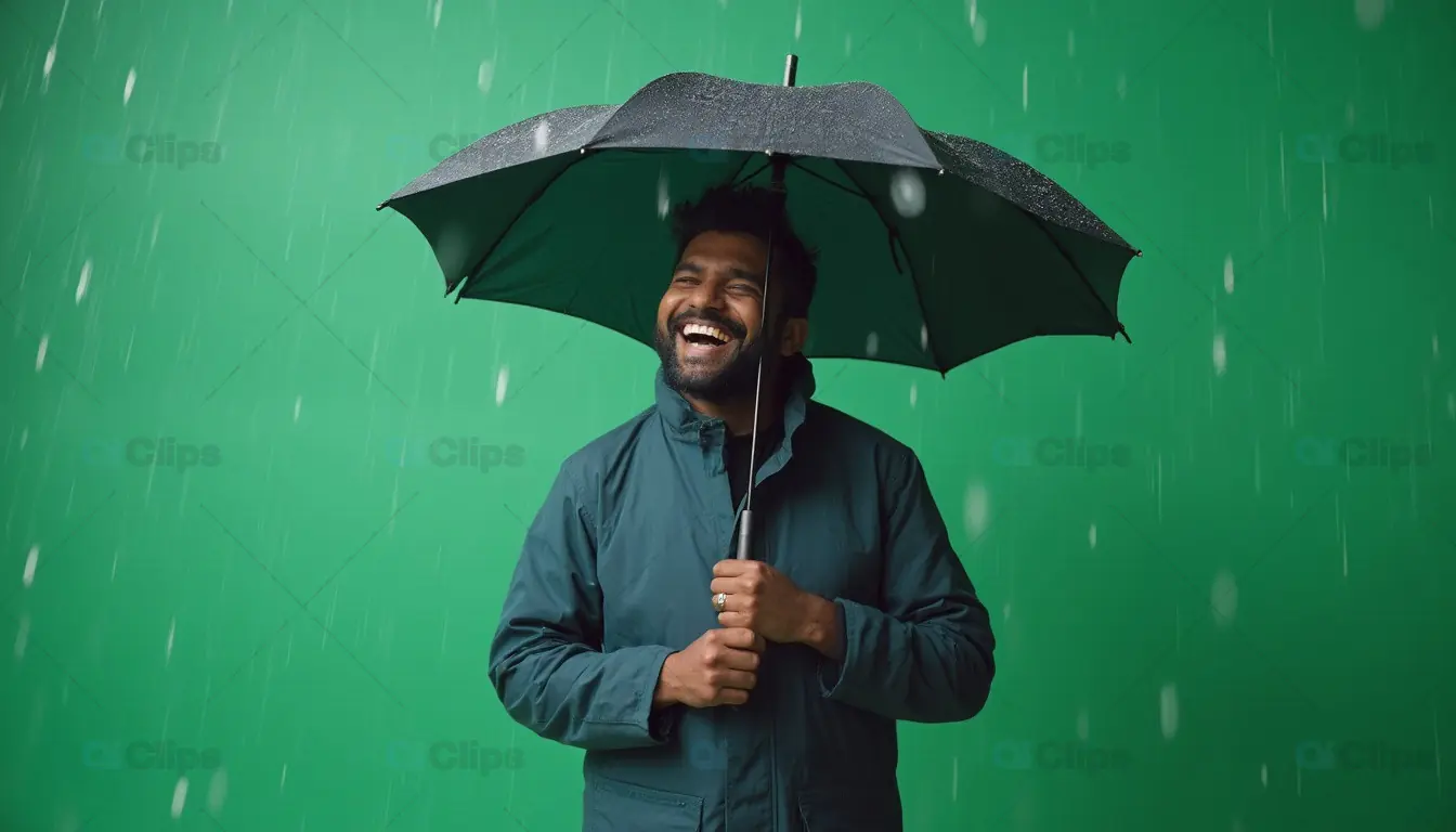 Man Laughing Under Black Umbrella in Rain