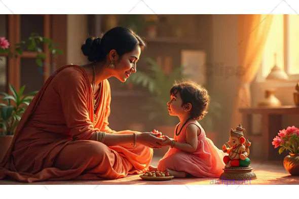 Mother and Child Celebrating Ganesh Chaturthi at Home