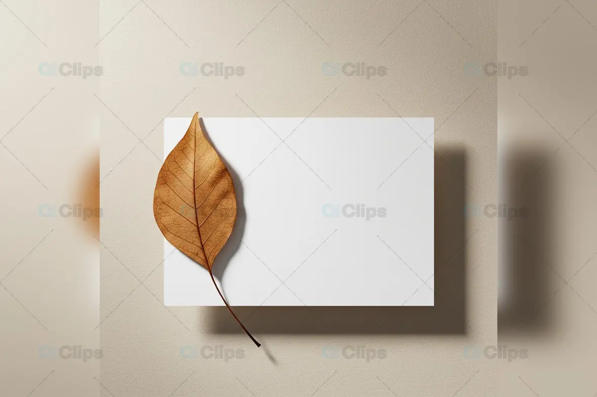 Minimalist White Card Mockup with Brown Leaf