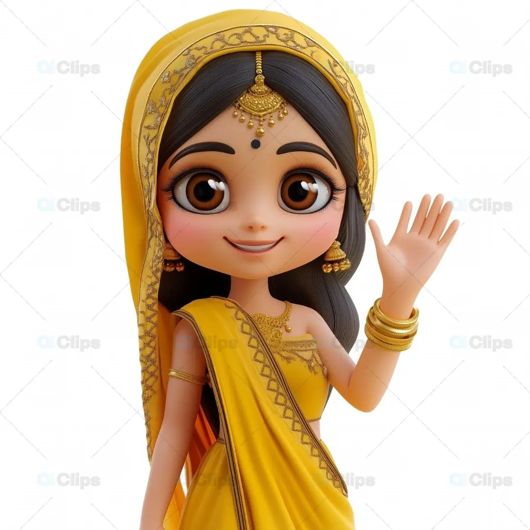 3D Indian Woman Avatar in Traditional Yellow Saree