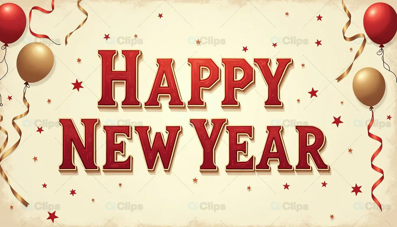 Happy New Year with Festive Balloons and Streamers