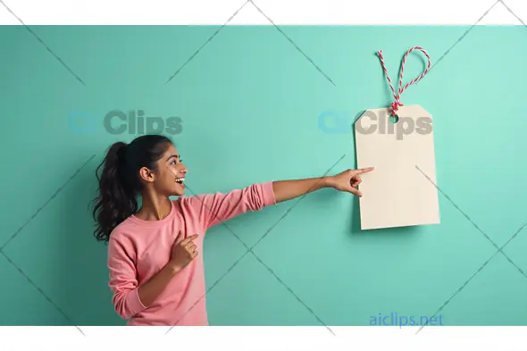 Young Woman Pointing at a Blank Tag on a Green Background