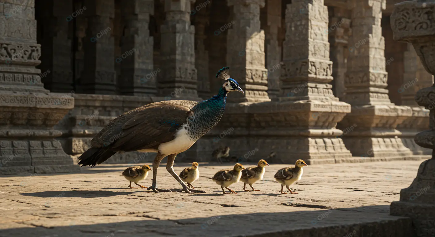 Peacock Family Parade at Ancient Temple