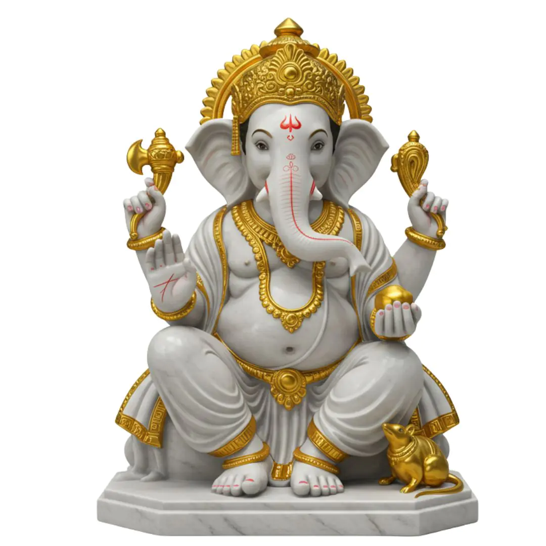 Majestic White Ganesha Statue with Gold Accents PNG