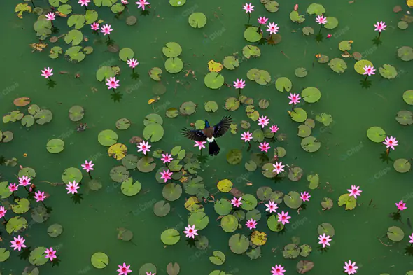 Lotus Pond with Bird in Flight