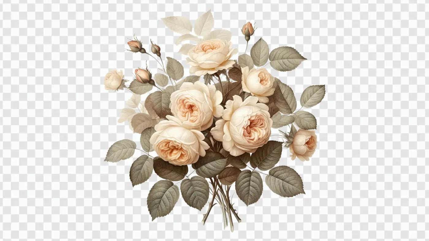 Vintage Cream Garden Roses Bouquet PNG Clipart