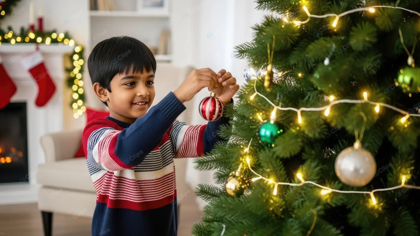 Smiling Boy Decorating a Christmas Tree