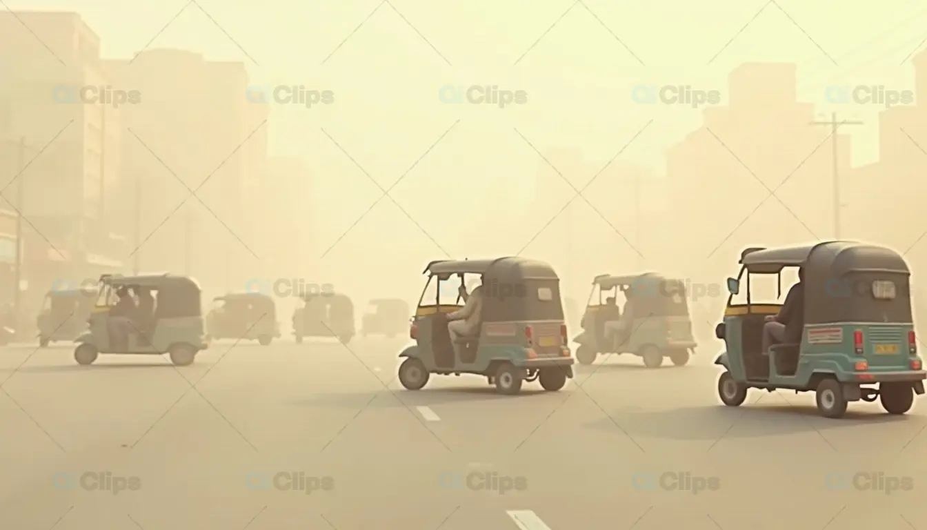 Auto Rickshaws on a Foggy Urban Street