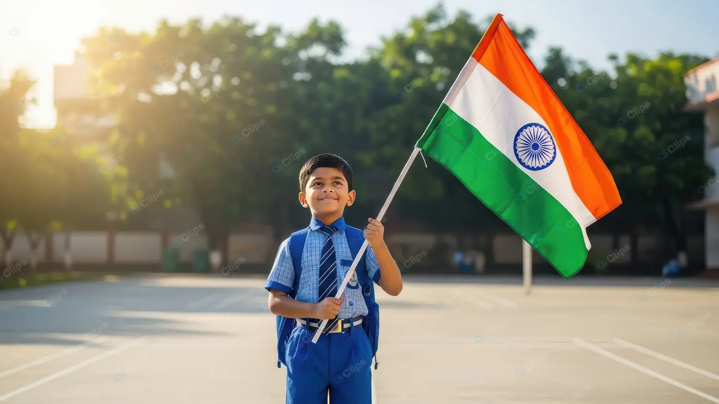 Hopeful Indian Schoolboy with National Flag