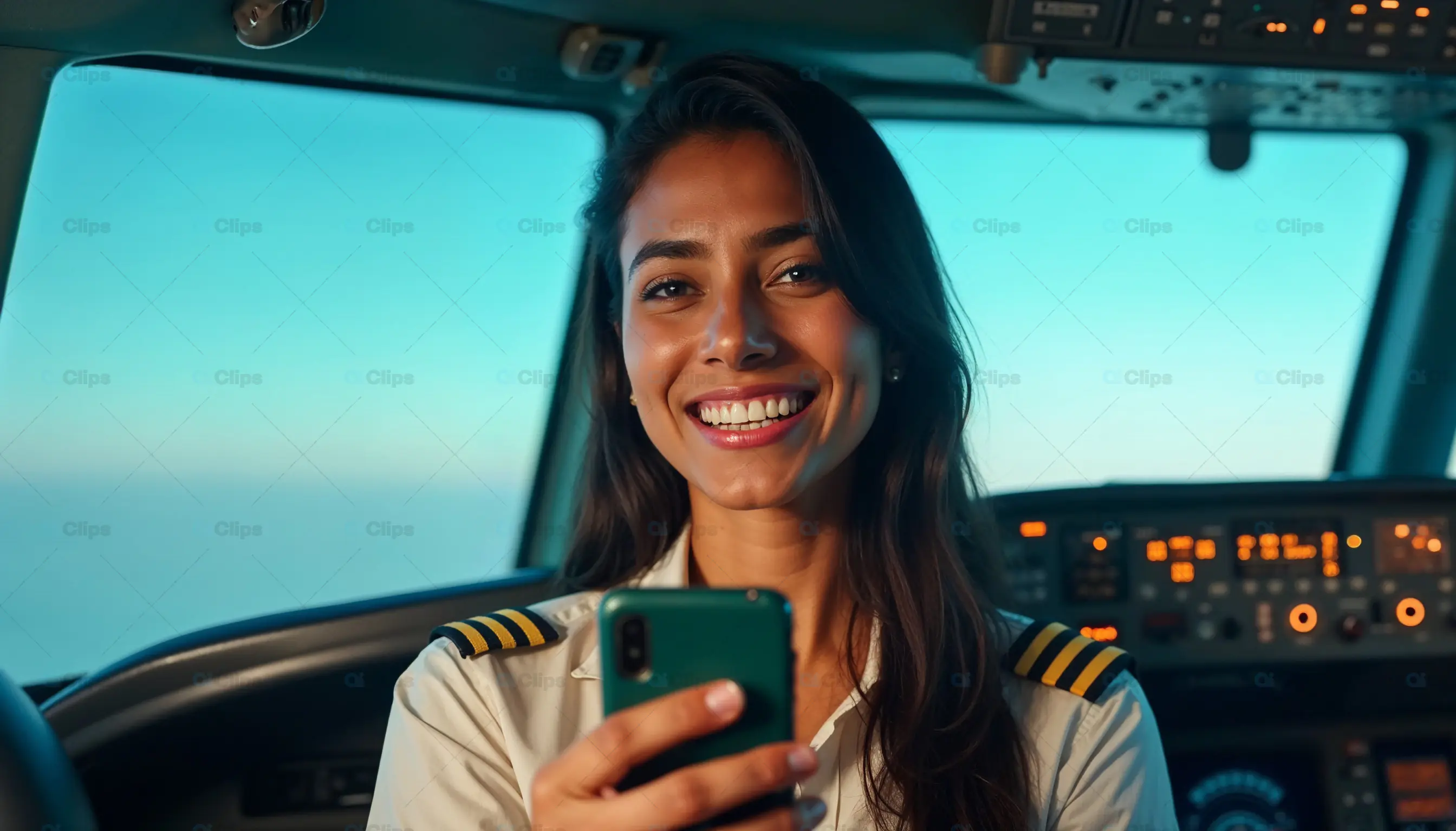Female Pilot Smiling in Cockpit with Smartphone