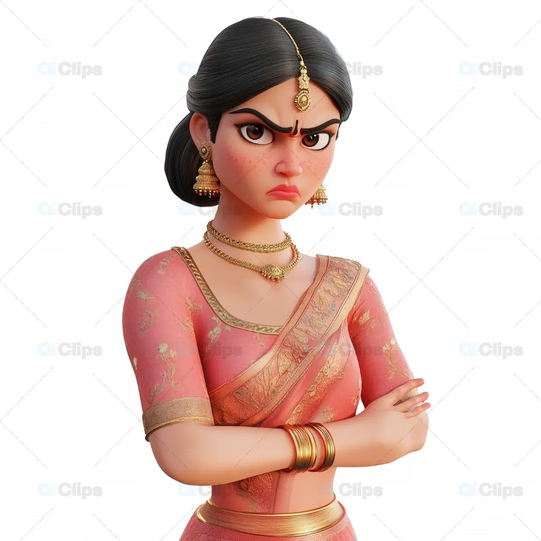 3D Angry Indian Woman Avatar in Traditional Attire