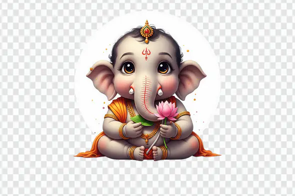 Adorable Baby Ganesha Holding Lotus Flower PNG