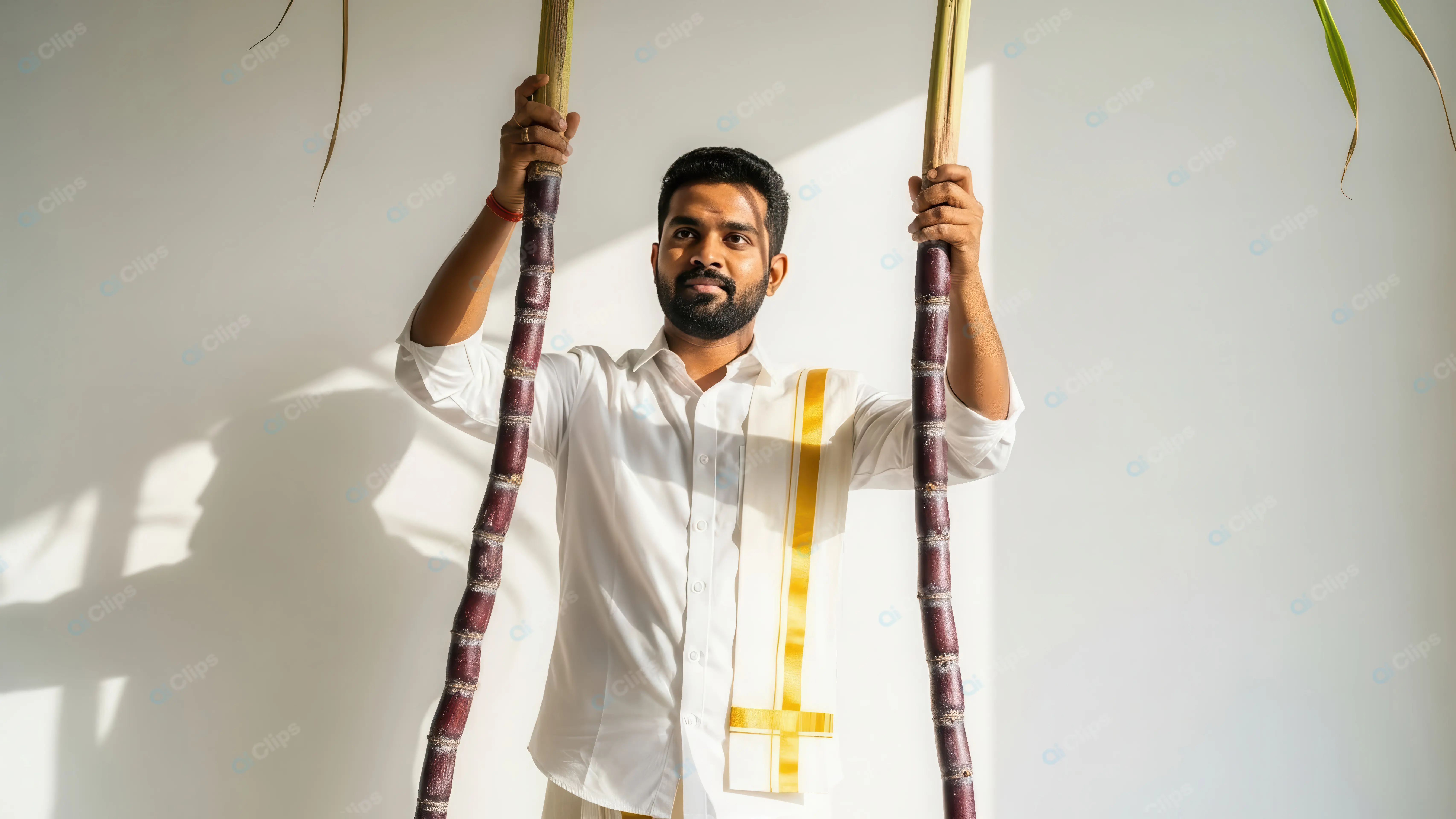 Man in Traditional Attire Holding Sugarcane