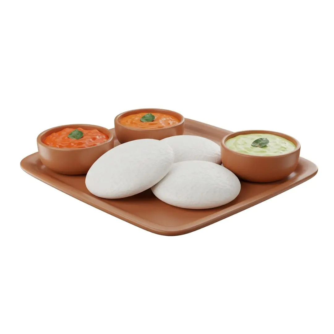 Idli with colorful chutneys on terracotta plate