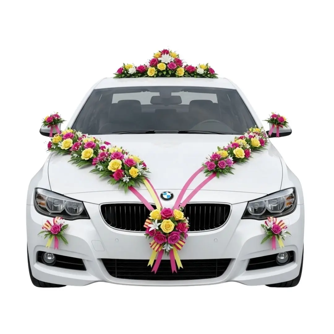 Floral Decorated White Luxury Car for Wedding PNG